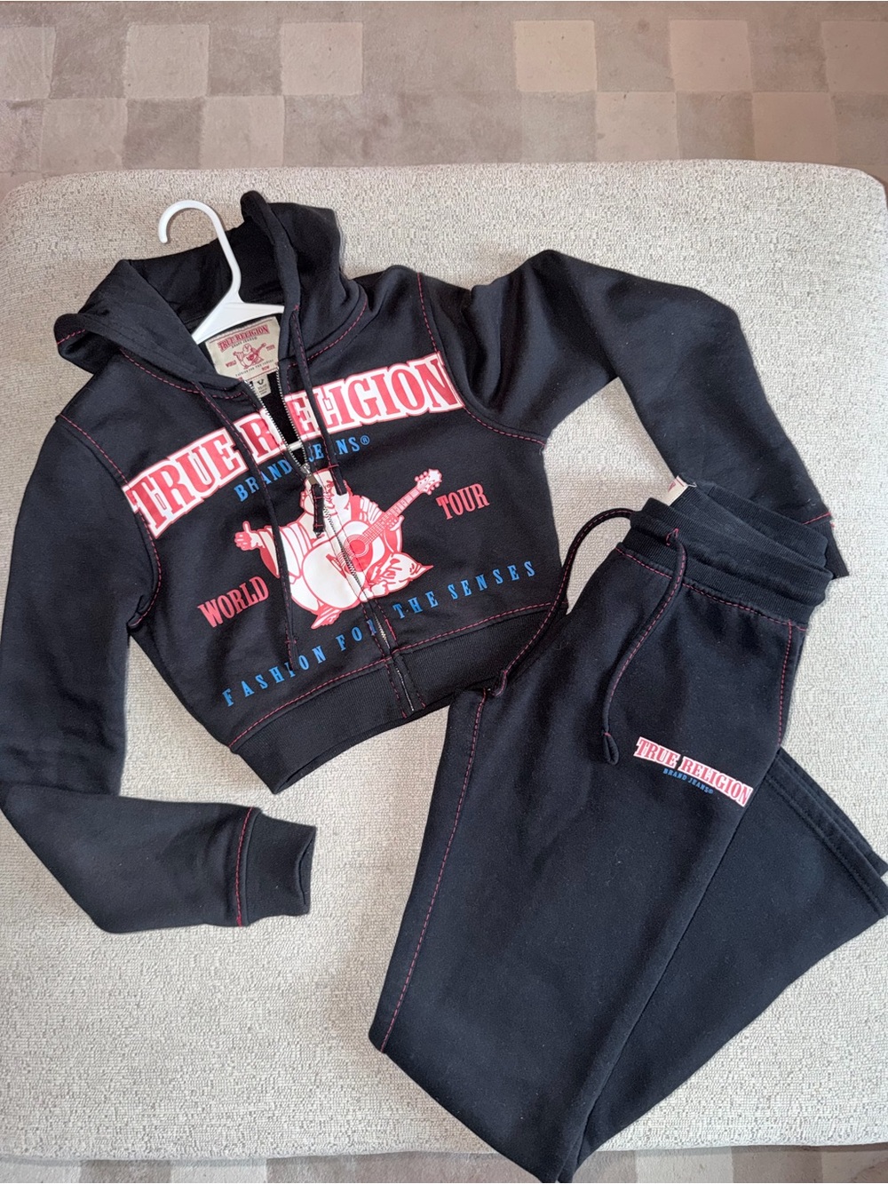 True Religion Black Hoodie with Red and Blue Logo Graphics